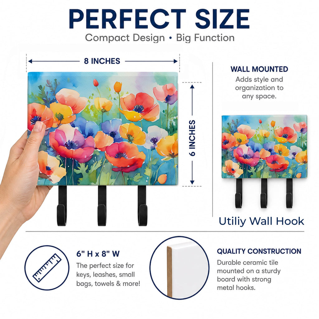 Anemones in Watercolor Leash or Key Holder Wall Hooks, Coat Rack Wall Mount, for Hanging Keys, Towels, Aprons, Leashes