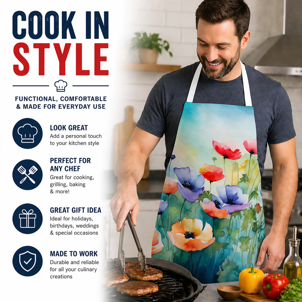 Anemones in Watercolor Apron Cooking Kitchen Server Baking Crafts Gardening for Adult Women Men, Unisex, Large, Multicolor