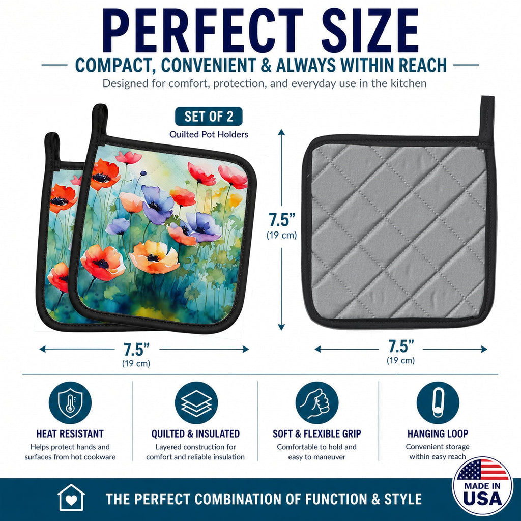 Anemones in Watercolor Pot Holder Set of 2 Heat Resistant Quilted Hot Pads 7.5 x 7.5 Inch, Insulated Kitchen Trivets for Cooking & Baking