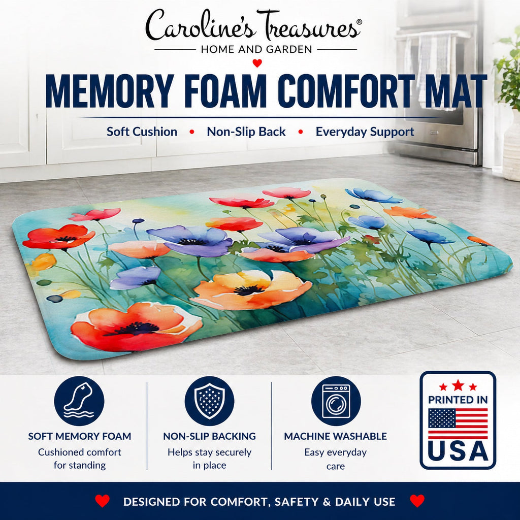 Anemones in Watercolor Memory Foam Kitchen Mat Machine Washable Anti-Fatigue Cushion Comfort Bath or Kitchen Rug