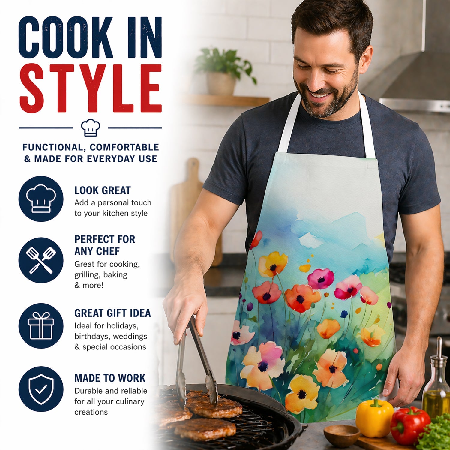 Anemones in Watercolor Apron Cooking Kitchen Server Baking Crafts Gardening for Adult Women Men, Unisex, Large, Multicolor