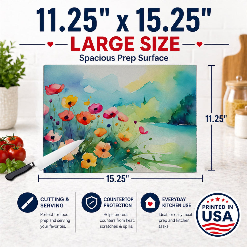 Anemones in Watercolor Cutting Board Tempered Glass Kitchen Cutting Surface, Heat Resistant Chopping, Non-Slip Feet, Food Prep & Serving