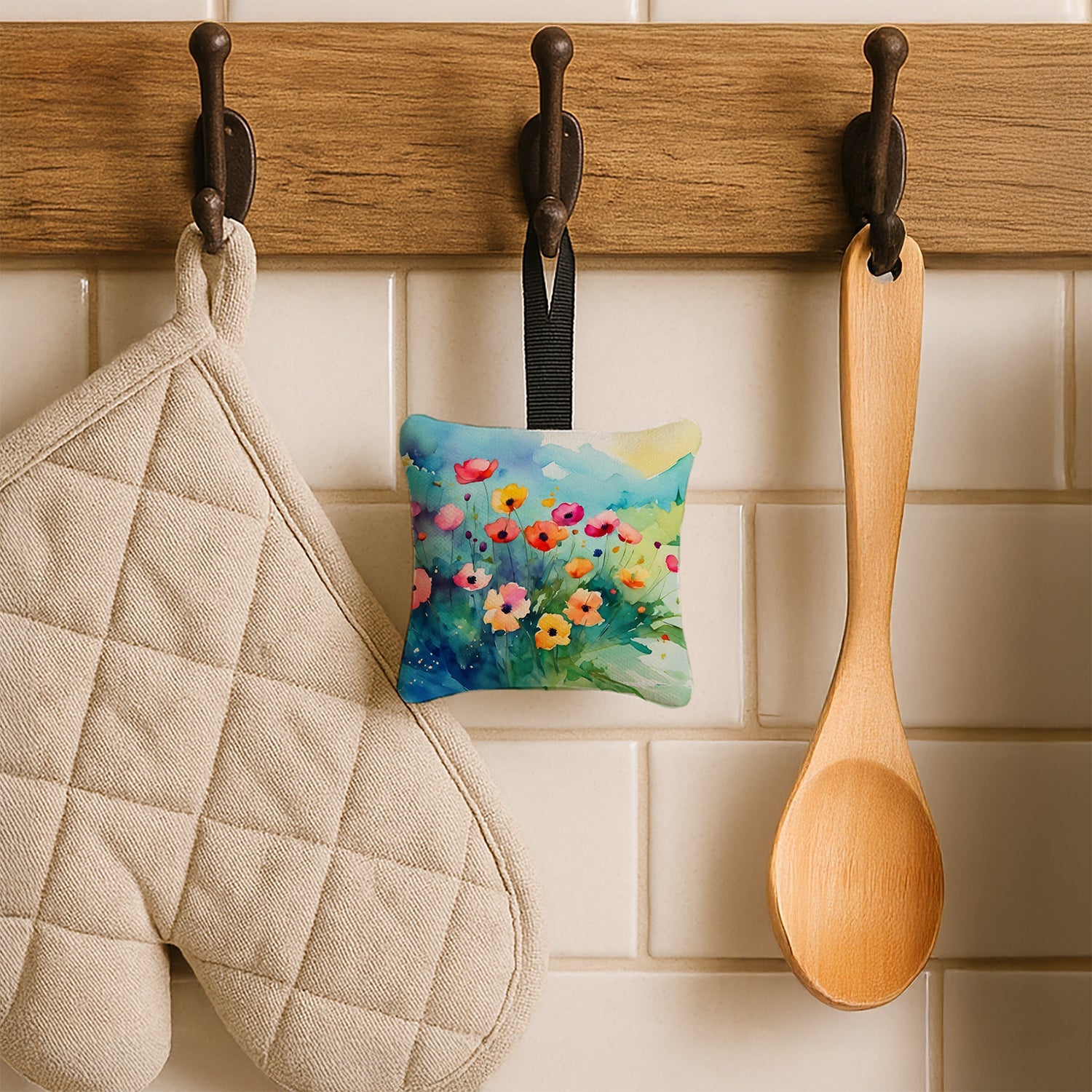 Anemones in Watercolor Hanging Square Fabric Ornament 3.5 × 3.5 Decorative Door-Knob & Tree Hanger, Soft Fabric