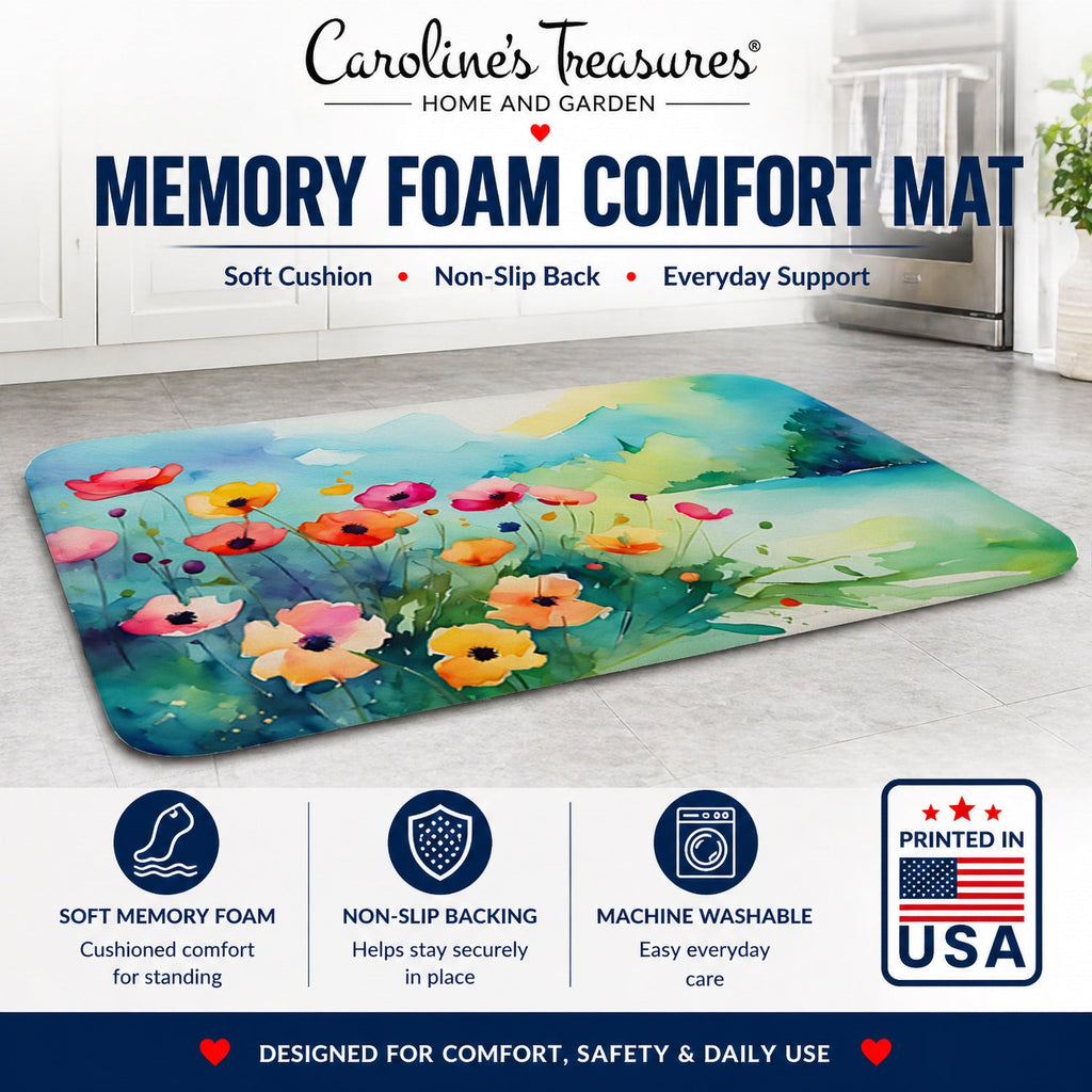 Anemones in Watercolor Memory Foam Kitchen Mat Machine Washable Anti-Fatigue Cushion Comfort Bath or Kitchen Rug
