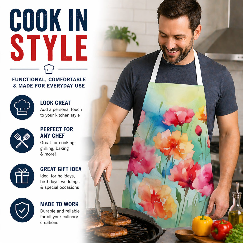 Carnations in Watercolor Apron Cooking Kitchen Server Baking Crafts Gardening for Adult Women Men, Unisex, Large, Multicolor
