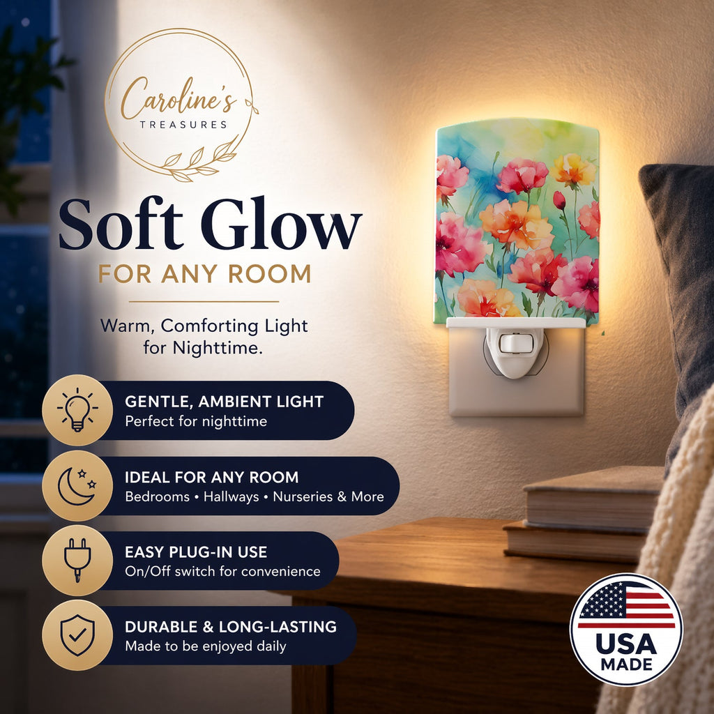 Carnations in Watercolor Ceramic Night Light Compact, UL-Certified, Ideal for Bedroom, Bathroom, Nursery, Hallway, Kitchen, 6x4x3, Multicolor