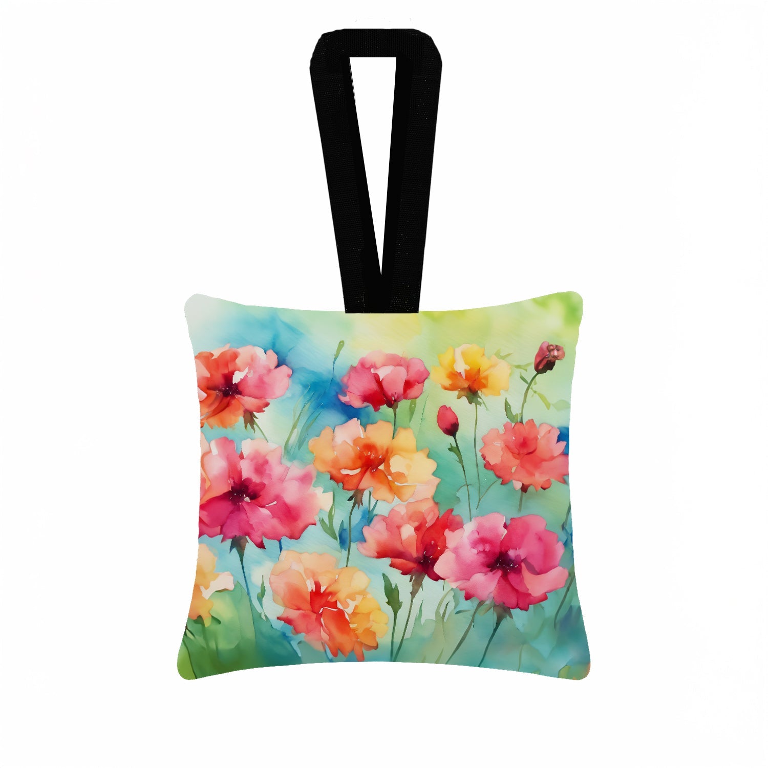 Carnations in Watercolor Hanging Square Fabric Ornament 3.5 × 3.5 Decorative Door-Knob & Tree Hanger, Soft Fabric