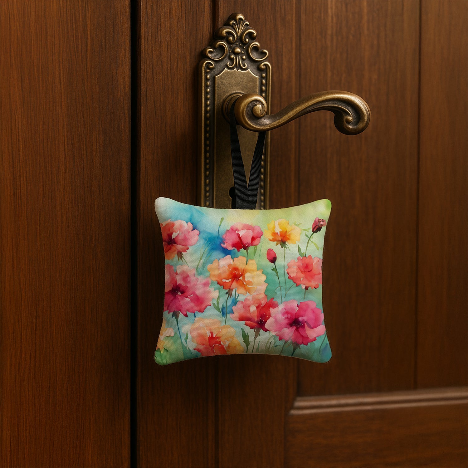 Carnations in Watercolor Hanging Square Fabric Ornament 3.5 × 3.5 Decorative Door-Knob & Tree Hanger, Soft Fabric