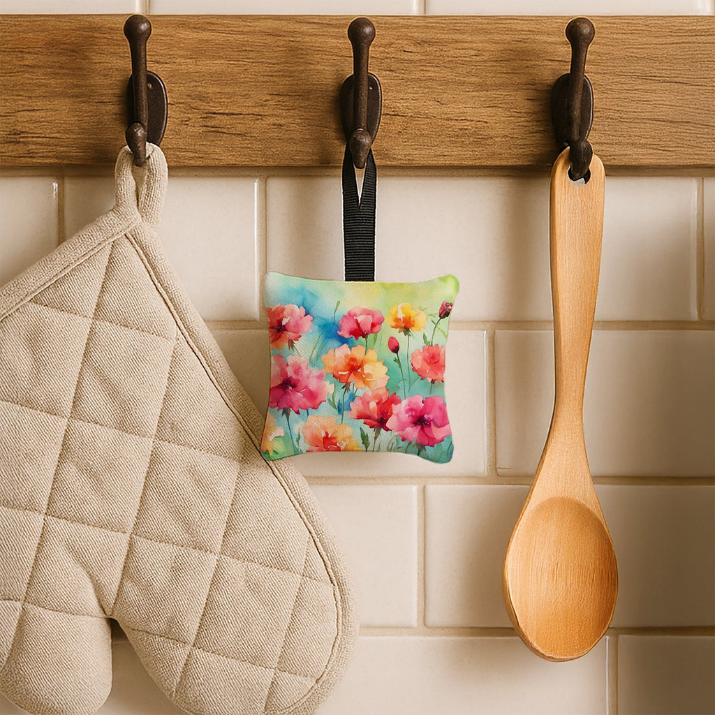 Carnations in Watercolor Hanging Square Fabric Ornament 3.5 × 3.5 Decorative Door-Knob & Tree Hanger, Soft Fabric