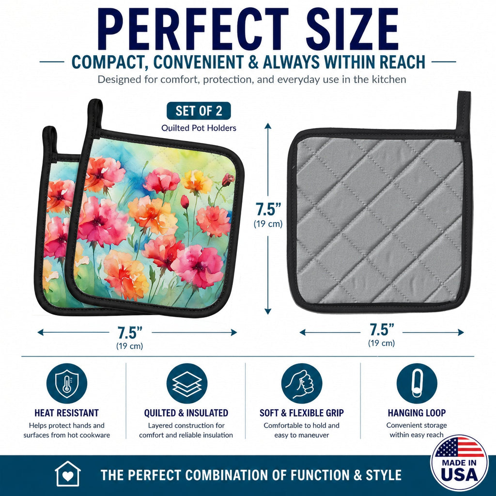 Carnations in Watercolor Pot Holder Set of 2 Heat Resistant Quilted Hot Pads 7.5 x 7.5 Inch, Insulated Kitchen Trivets for Cooking & Baking