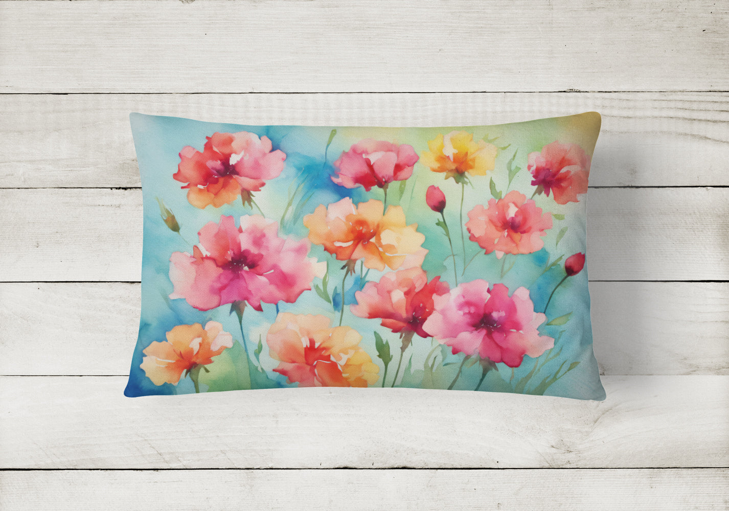 Carnations in Watercolor Decorative Throw Pillow 12x16 Indoor Outdoor Accent Cushion, Fabric Cover with Insert for Sofa, Bed, Porch & Living Room