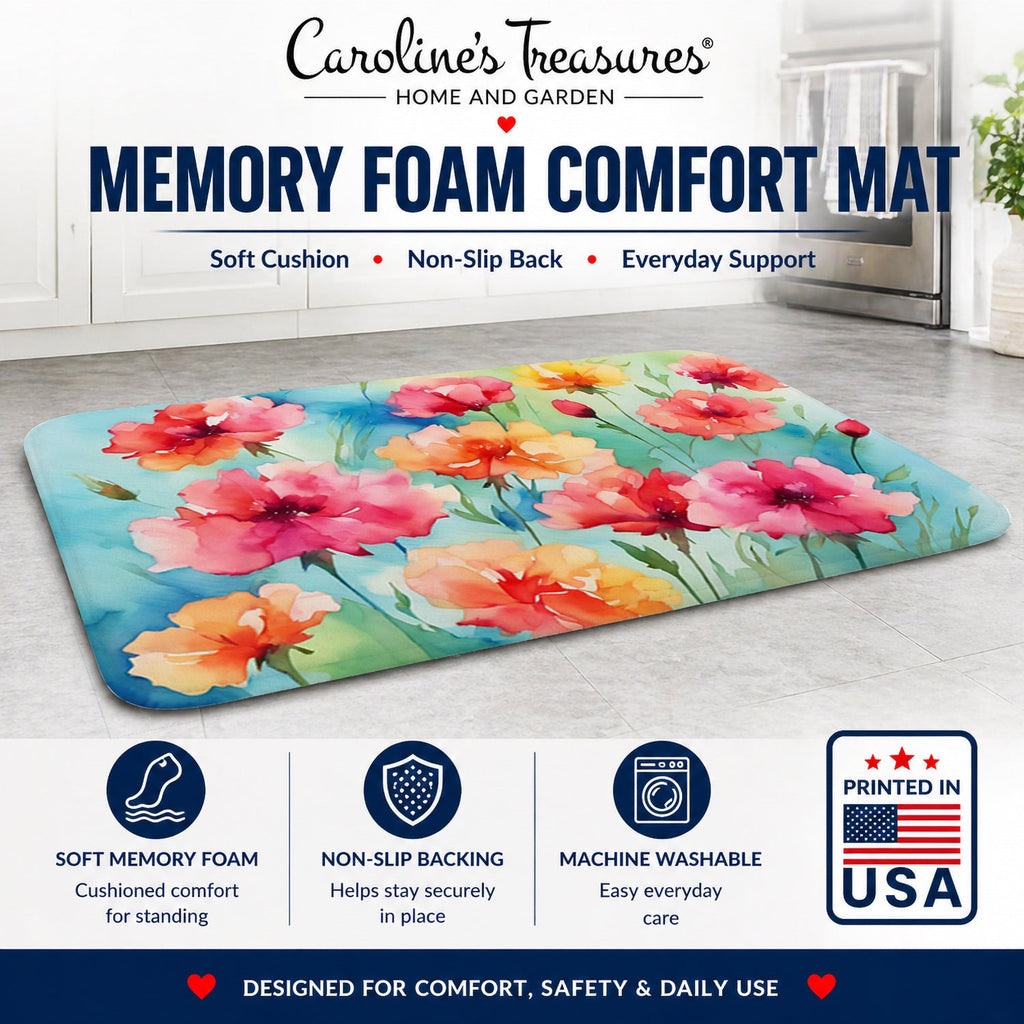Carnations in Watercolor Memory Foam Kitchen Mat Machine Washable Anti-Fatigue Cushion Comfort Bath or Kitchen Rug