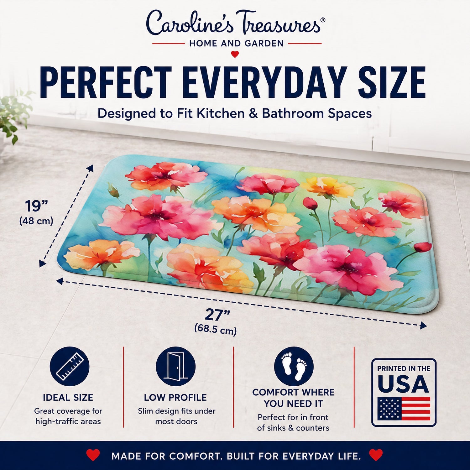 Carnations in Watercolor Memory Foam Kitchen Mat Machine Washable Anti-Fatigue Cushion Comfort Bath or Kitchen Rug