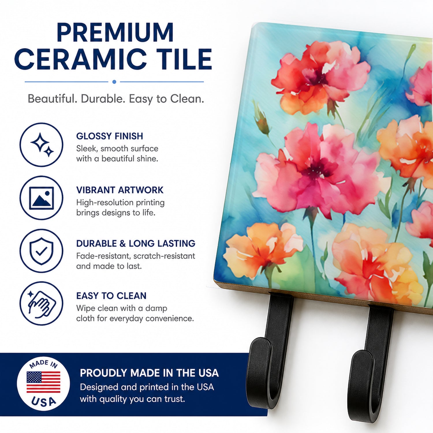 Carnations in Watercolor Leash or Key Holder Wall Hooks, Coat Rack Wall Mount, for Hanging Keys, Towels, Aprons, Leashes