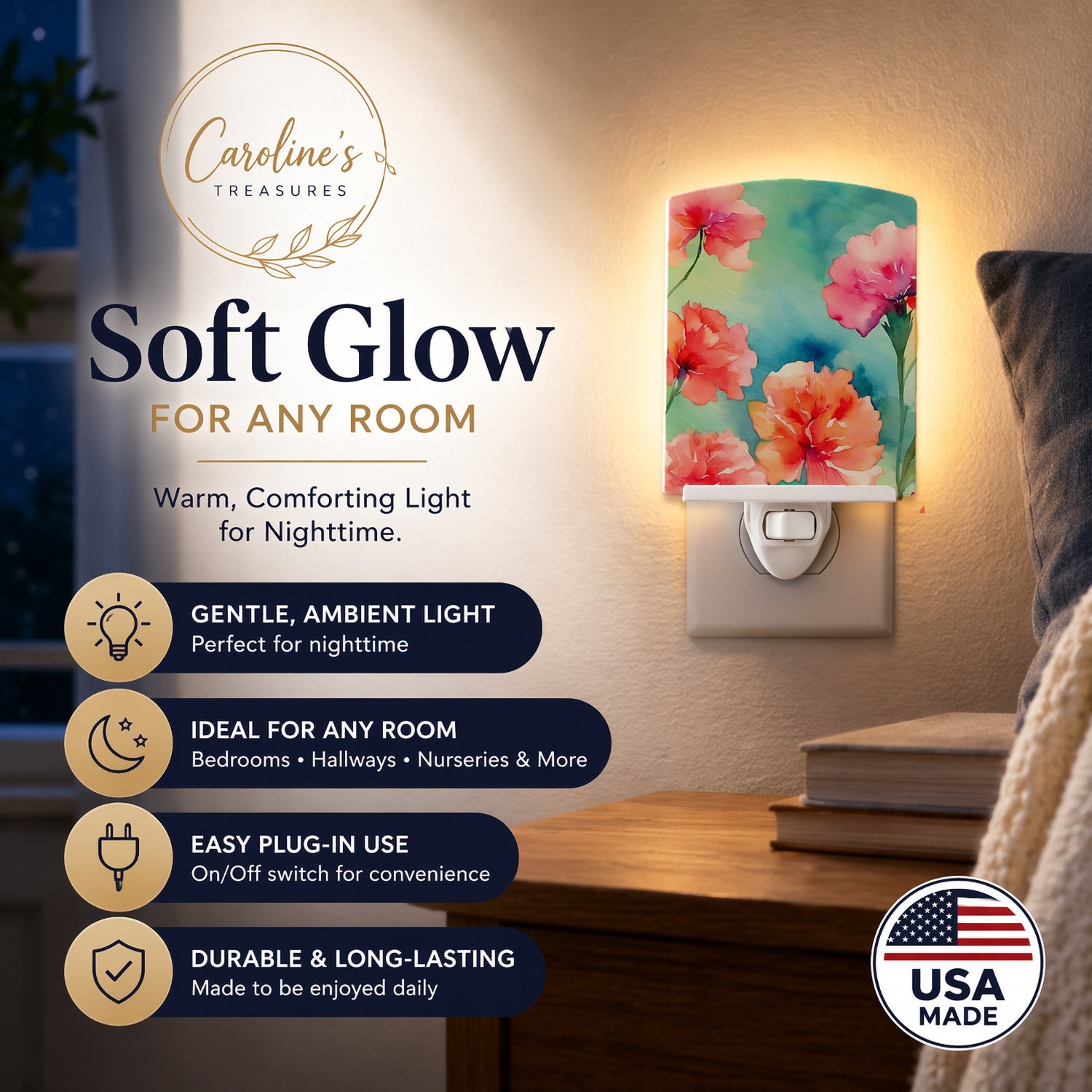 Carnations in Watercolor Ceramic Night Light Compact, UL-Certified, Ideal for Bedroom, Bathroom, Nursery, Hallway, Kitchen, 6x4x3, Multicolor