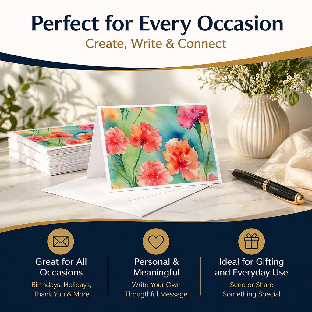 Carnations in Watercolor Greeting Cards Pack of 8 Blank Cards with Envelopes Whimsical A7 Size 5x7