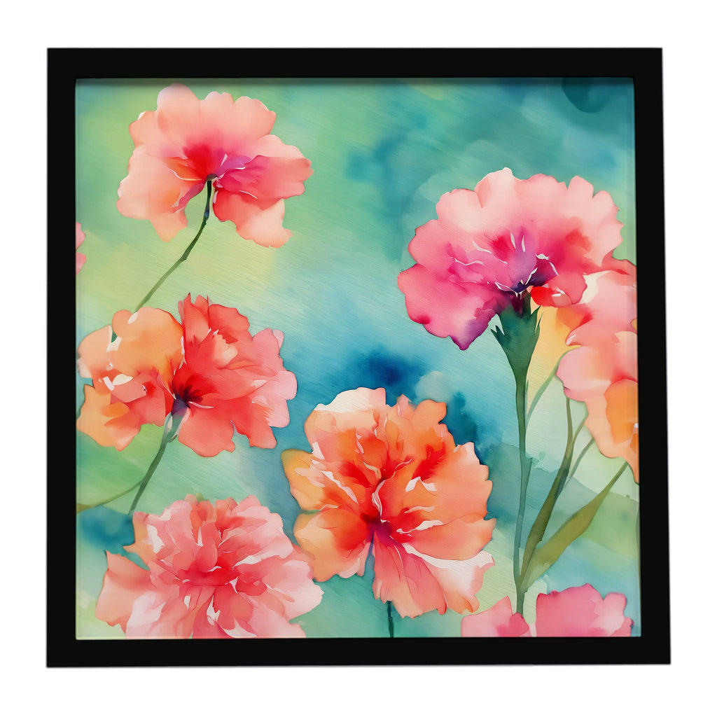 Carnations in Watercolor Framed Metal Print Bathroom, Kitchen, Office, Home Decor Wall Art Ready to Hang, Square, 8X8
