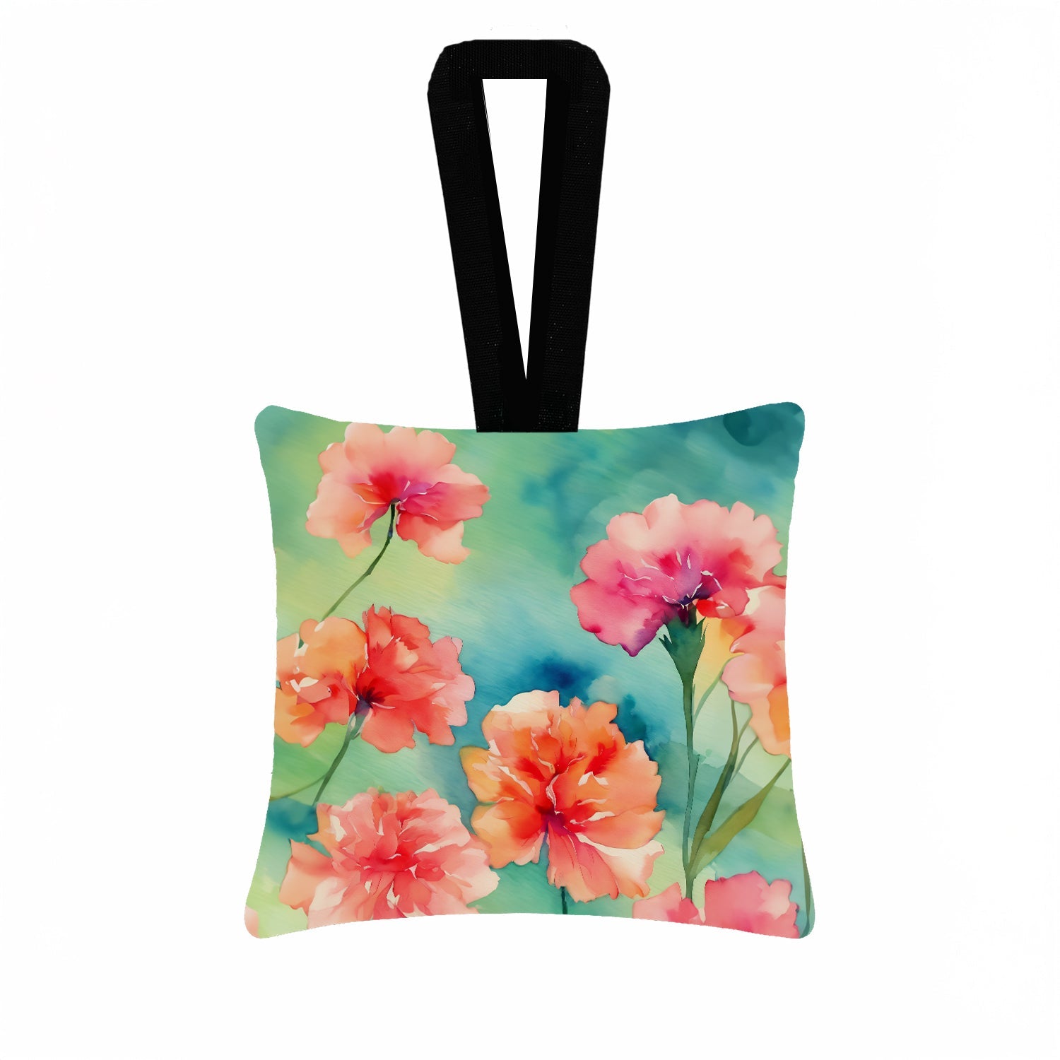 Carnations in Watercolor Hanging Square Fabric Ornament 3.5 × 3.5 Decorative Door-Knob & Tree Hanger, Soft Fabric