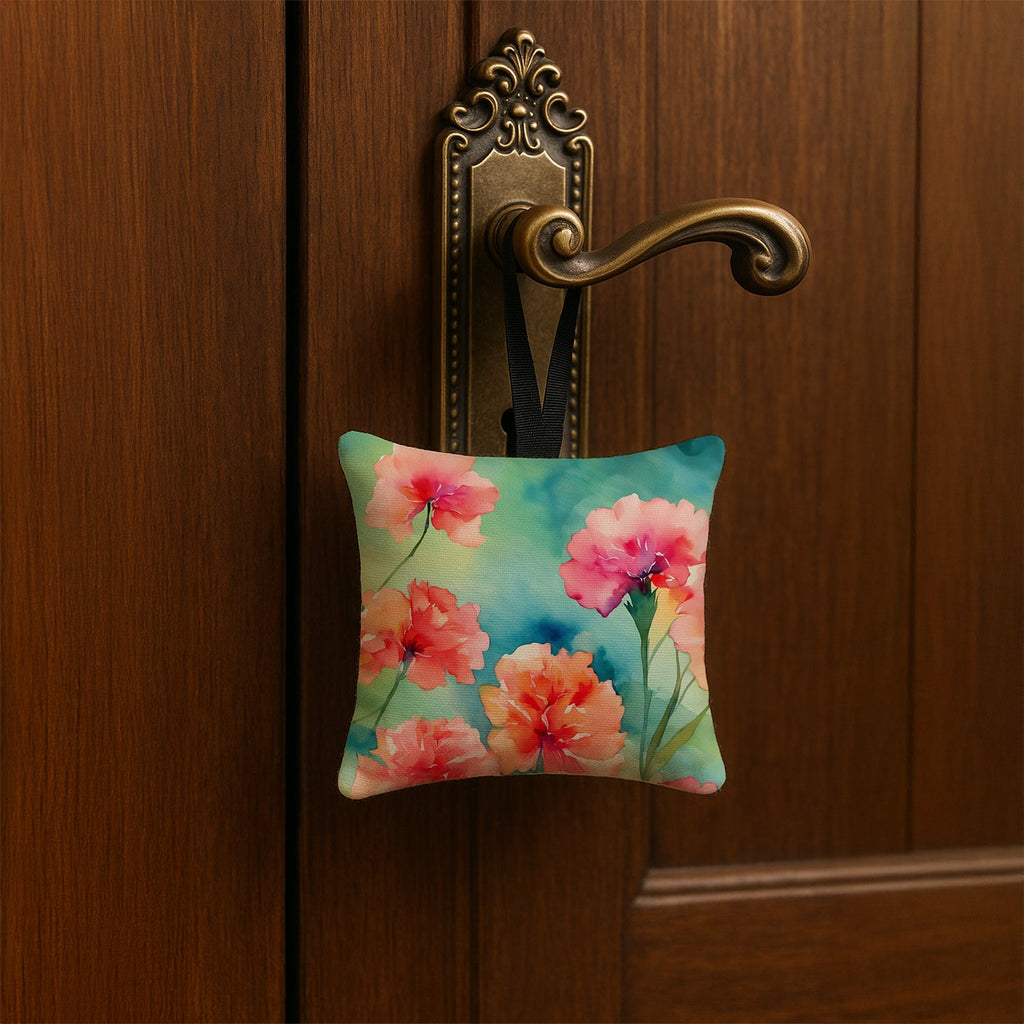 Carnations in Watercolor Hanging Square Fabric Ornament 3.5 × 3.5 Decorative Door-Knob & Tree Hanger, Soft Fabric