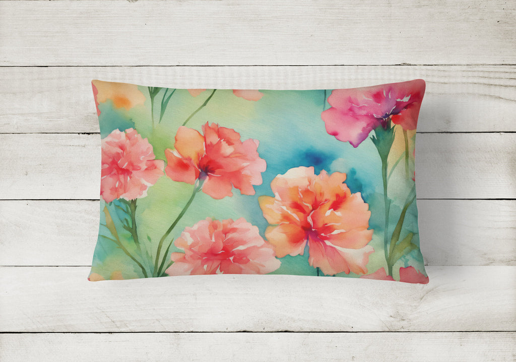 Carnations in Watercolor Decorative Throw Pillow 12x16 Indoor Outdoor Accent Cushion, Fabric Cover with Insert for Sofa, Bed, Porch & Living Room