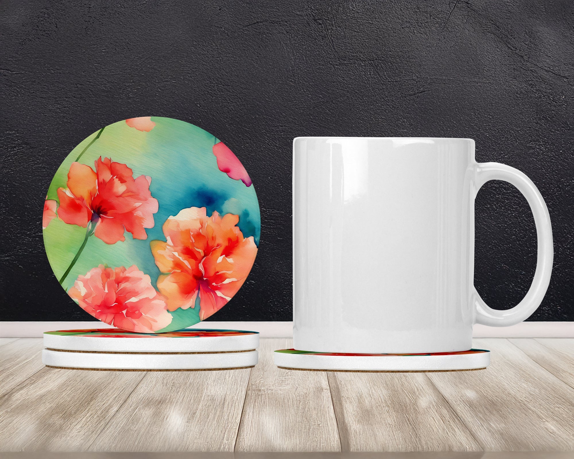Carnations in Watercolor Large Sandstone Coasters Pack of 4 Absorbent Round Coasters Decor Gifts for Men or Women, 4 in, Multicolor
