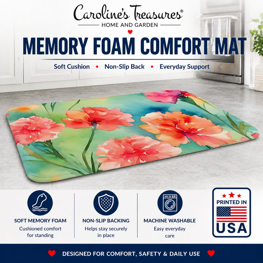 Carnations in Watercolor Memory Foam Kitchen Mat Machine Washable Anti-Fatigue Cushion Comfort Bath or Kitchen Rug