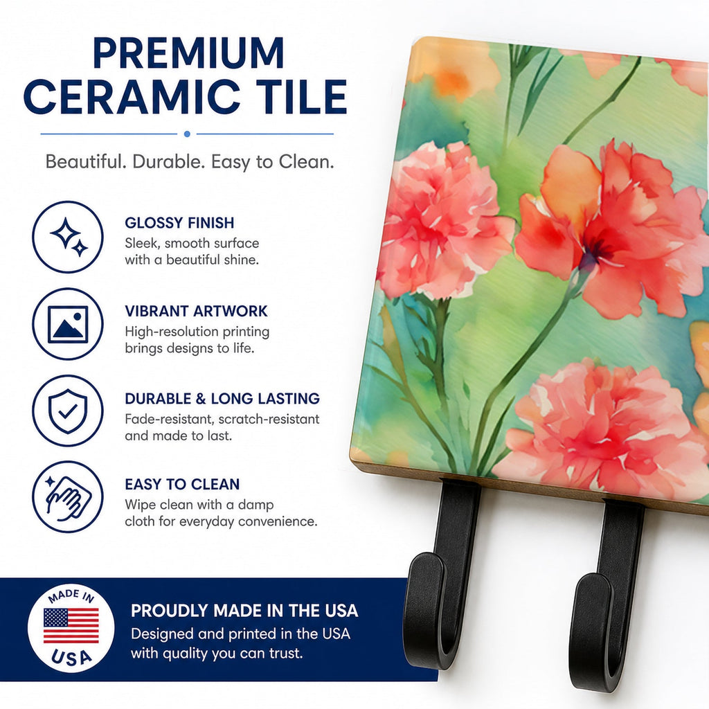 Carnations in Watercolor Leash or Key Holder Wall Hooks, Coat Rack Wall Mount, for Hanging Keys, Towels, Aprons, Leashes