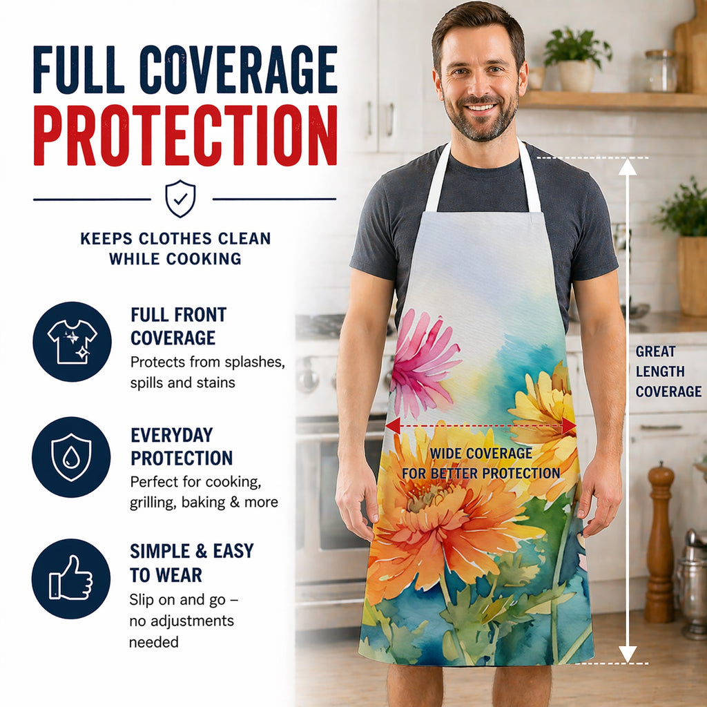 Chrysanthemums in Watercolor Apron Cooking Kitchen Server Baking Crafts Gardening for Adult Women Men, Unisex, Large, Multicolor