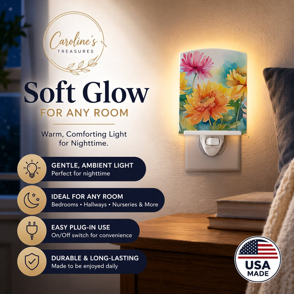 Chrysanthemums in Watercolor Ceramic Night Light Compact, UL-Certified, Ideal for Bedroom, Bathroom, Nursery, Hallway, Kitchen, 6x4x3, Multicolor
