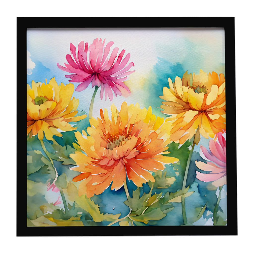 Chrysanthemums in Watercolor Framed Metal Print Bathroom, Kitchen, Office, Home Decor Wall Art Ready to Hang, Square, 8X8