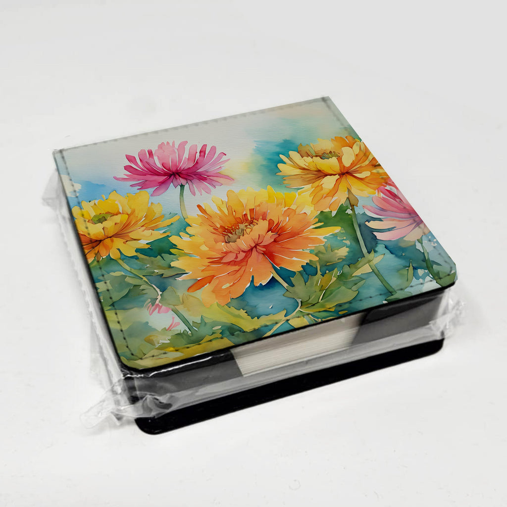 Chrysanthemums in Watercolor PU Leather Note Paper Holder with Artist-Designed Cover, Desk Accessory, Office Gift