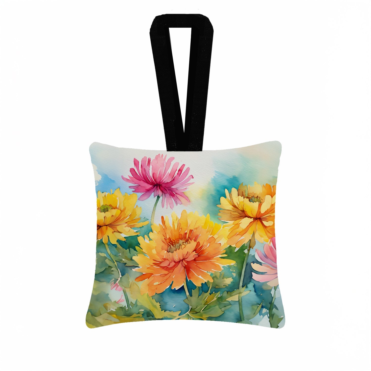 Chrysanthemums in Watercolor Hanging Square Fabric Ornament 3.5 × 3.5 Decorative Door-Knob & Tree Hanger, Soft Fabric