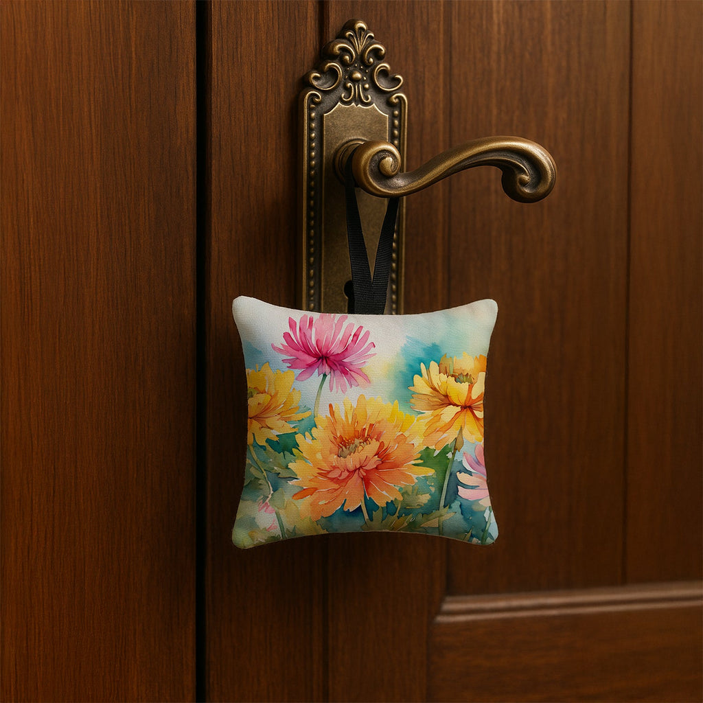 Chrysanthemums in Watercolor Hanging Square Fabric Ornament 3.5 × 3.5 Decorative Door-Knob & Tree Hanger, Soft Fabric