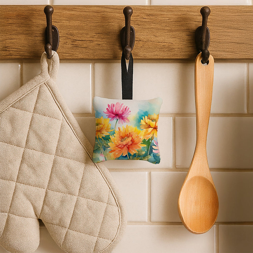 Chrysanthemums in Watercolor Hanging Square Fabric Ornament 3.5 × 3.5 Decorative Door-Knob & Tree Hanger, Soft Fabric
