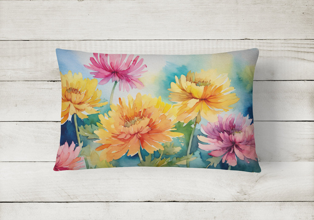 Chrysanthemums in Watercolor Decorative Throw Pillow 12x16 Indoor Outdoor Accent Cushion, Fabric Cover with Insert for Sofa, Bed, Porch & Living Room