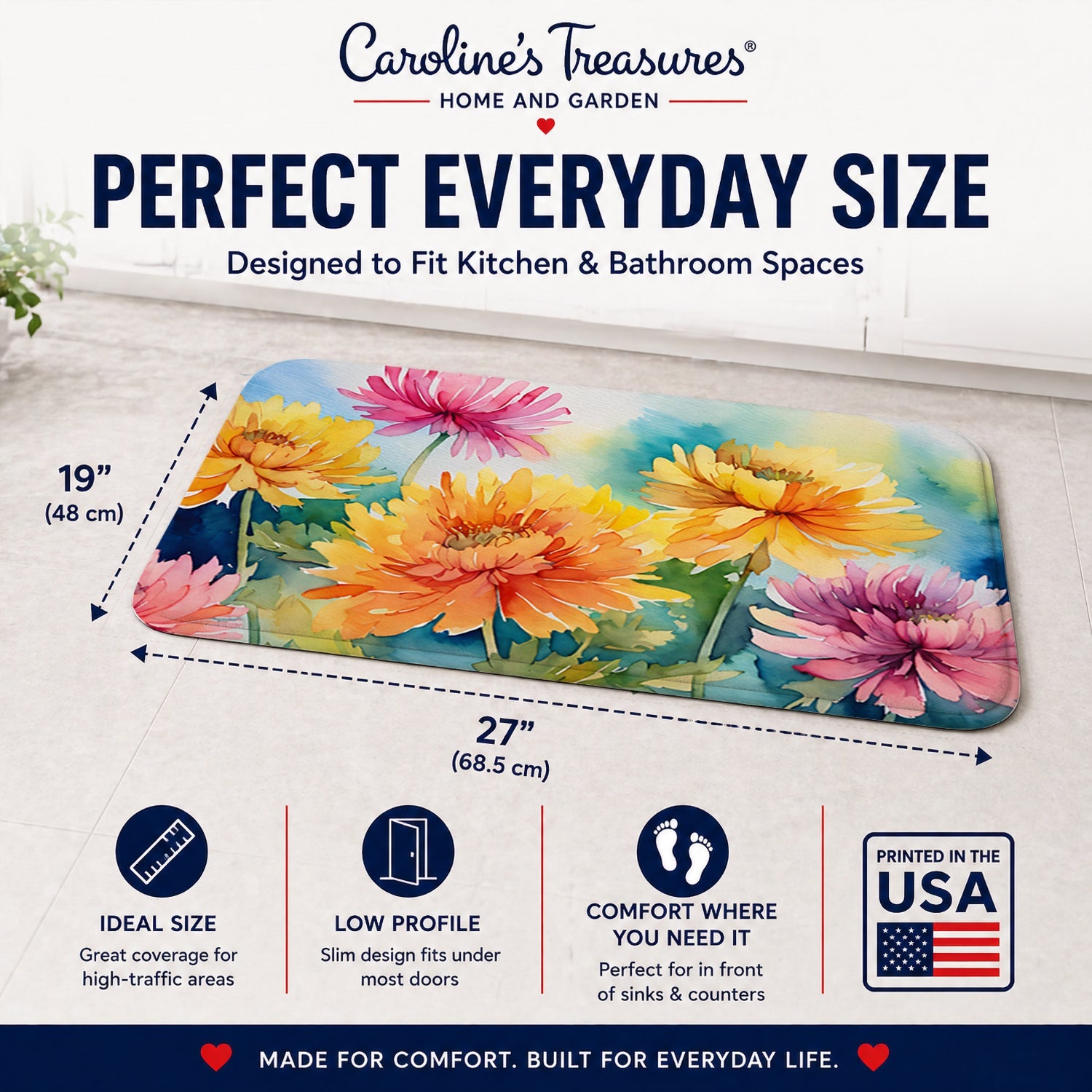 Chrysanthemums in Watercolor Memory Foam Kitchen Mat Machine Washable Anti-Fatigue Cushion Comfort Bath or Kitchen Rug