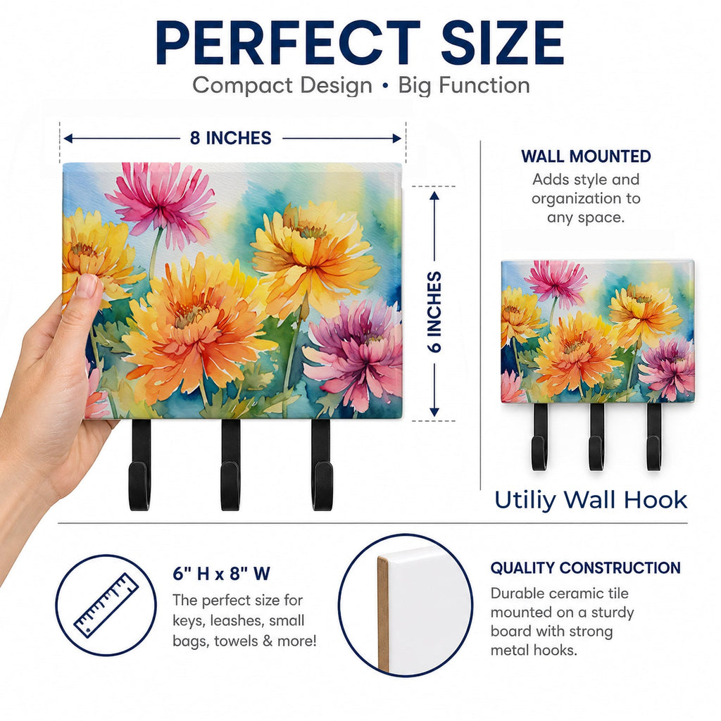 Chrysanthemums in Watercolor Leash or Key Holder Wall Hooks, Coat Rack Wall Mount, for Hanging Keys, Towels, Aprons, Leashes