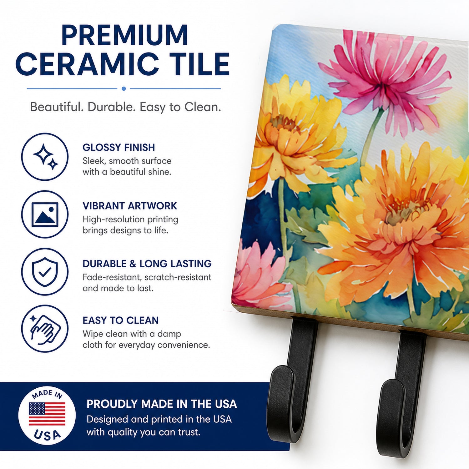 Chrysanthemums in Watercolor Leash or Key Holder Wall Hooks, Coat Rack Wall Mount, for Hanging Keys, Towels, Aprons, Leashes