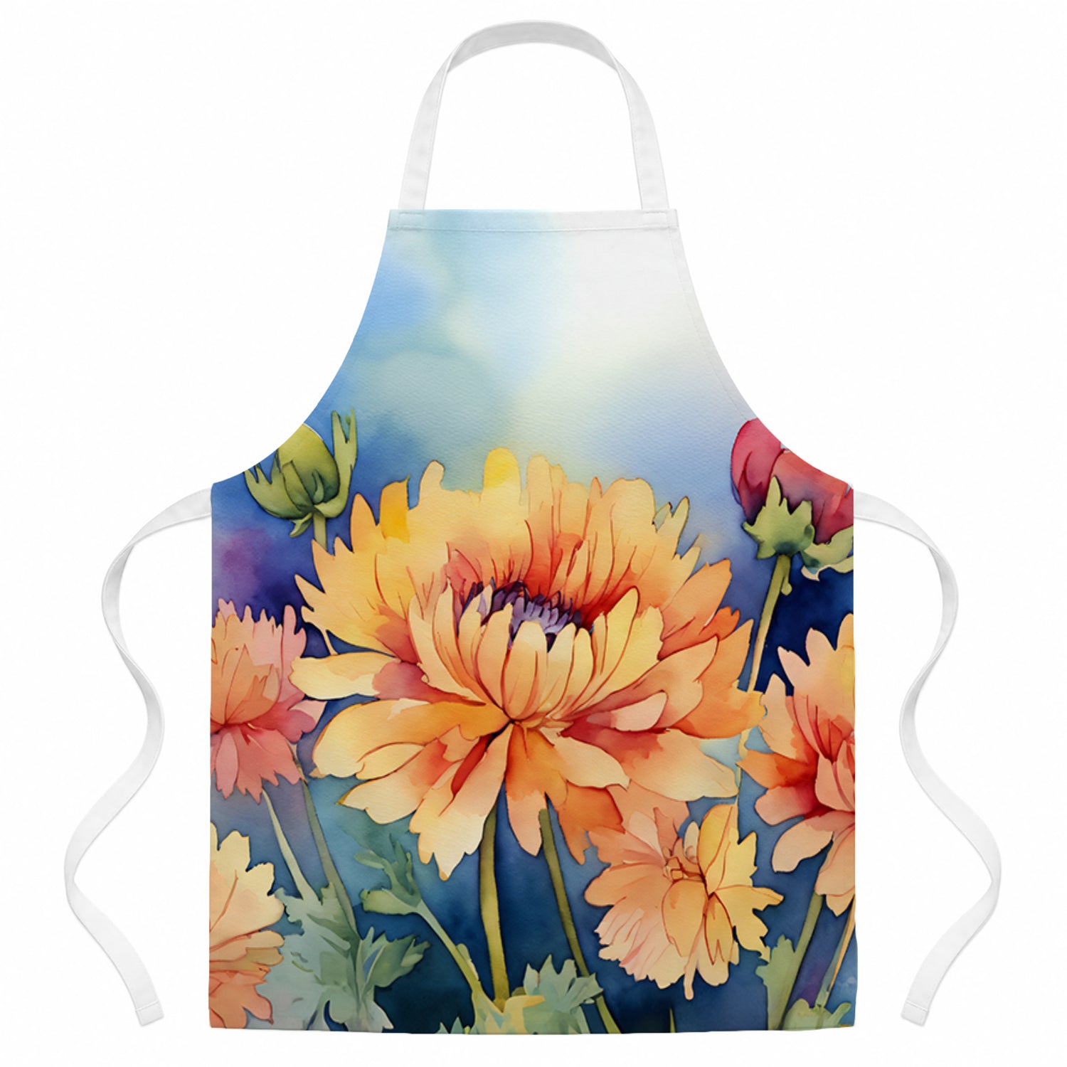 Chrysanthemums in Watercolor Apron Cooking Kitchen Server Baking Crafts Gardening for Adult Women Men, Unisex, Large, Multicolor