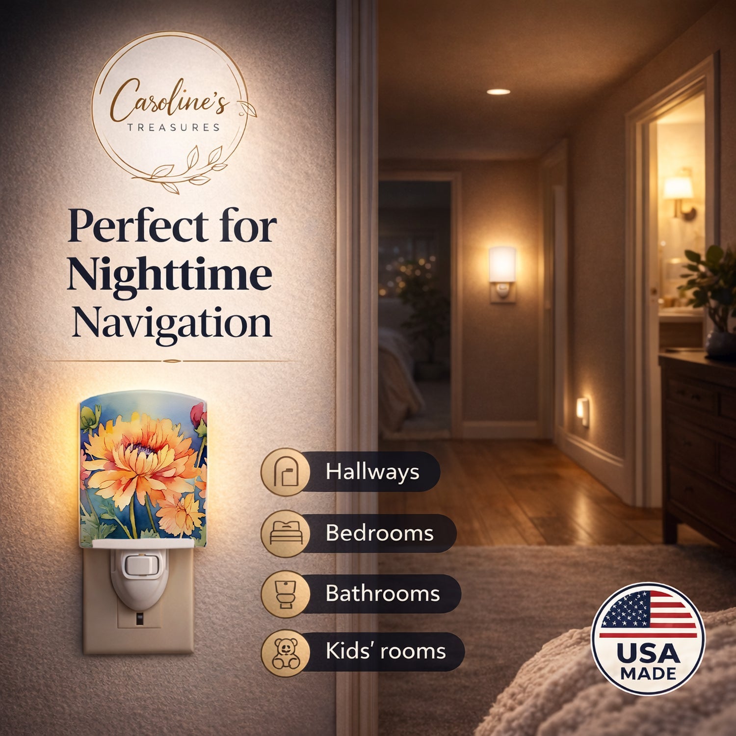 Chrysanthemums in Watercolor Ceramic Night Light Compact, UL-Certified, Ideal for Bedroom, Bathroom, Nursery, Hallway, Kitchen, 6x4x3, Multicolor