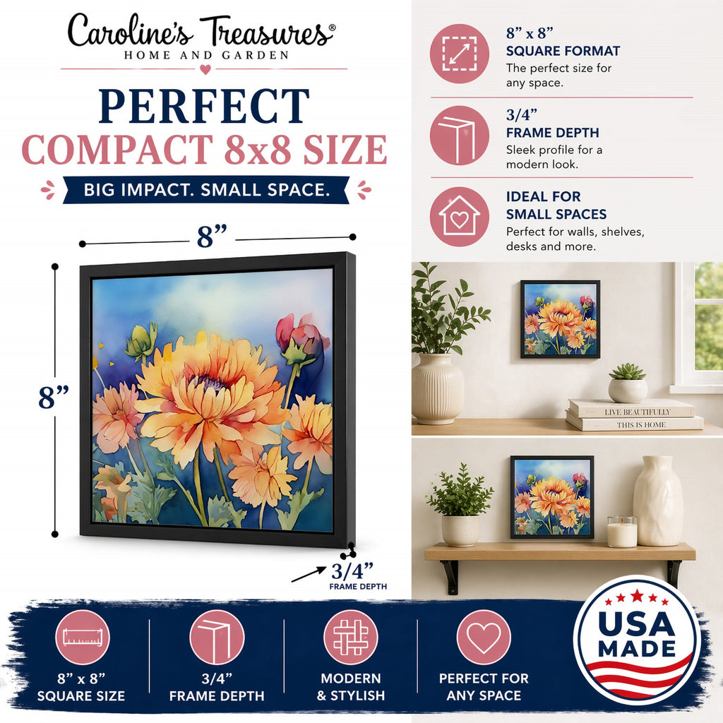 Chrysanthemums in Watercolor Framed Metal Print Bathroom, Kitchen, Office, Home Decor Wall Art Ready to Hang, Square, 8X8