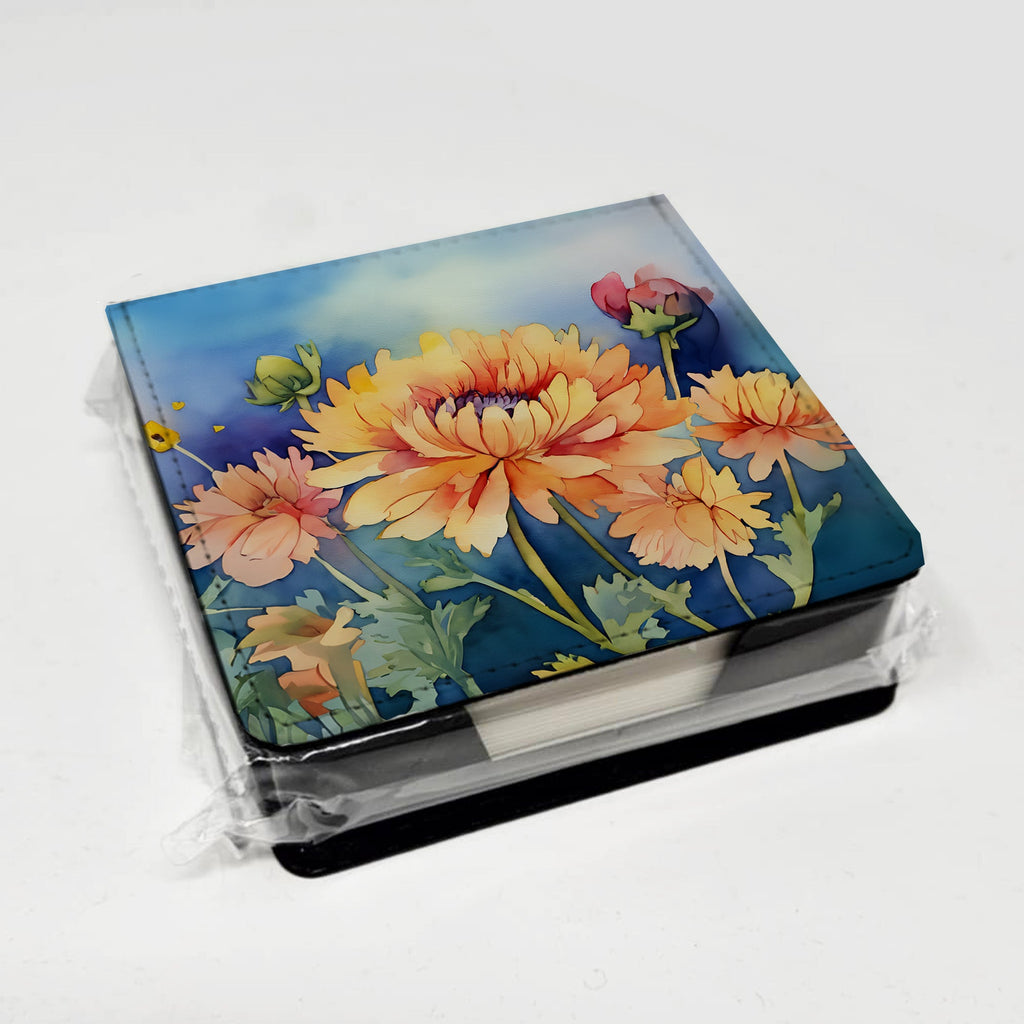 Chrysanthemums in Watercolor PU Leather Note Paper Holder with Artist-Designed Cover, Desk Accessory, Office Gift