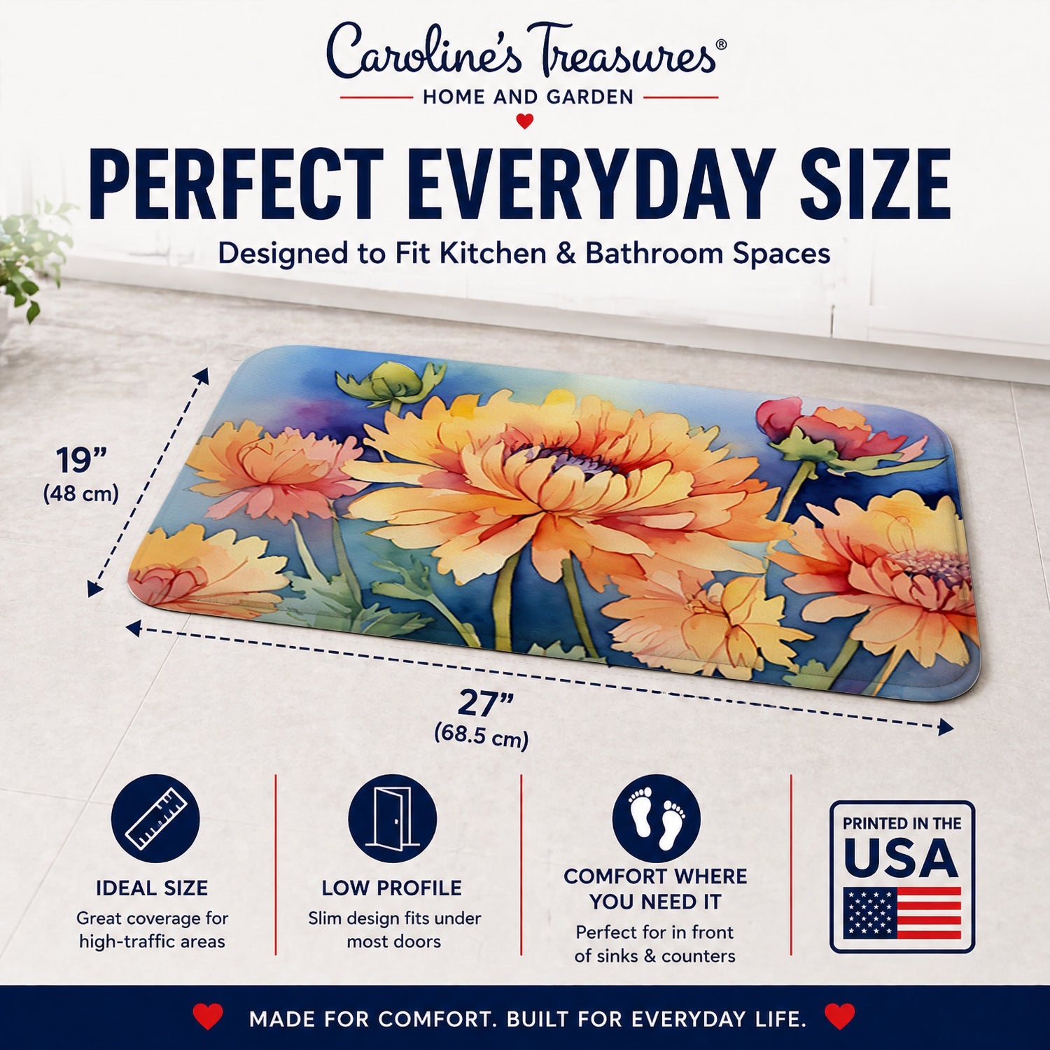 Chrysanthemums in Watercolor Memory Foam Kitchen Mat Machine Washable Anti-Fatigue Cushion Comfort Bath or Kitchen Rug