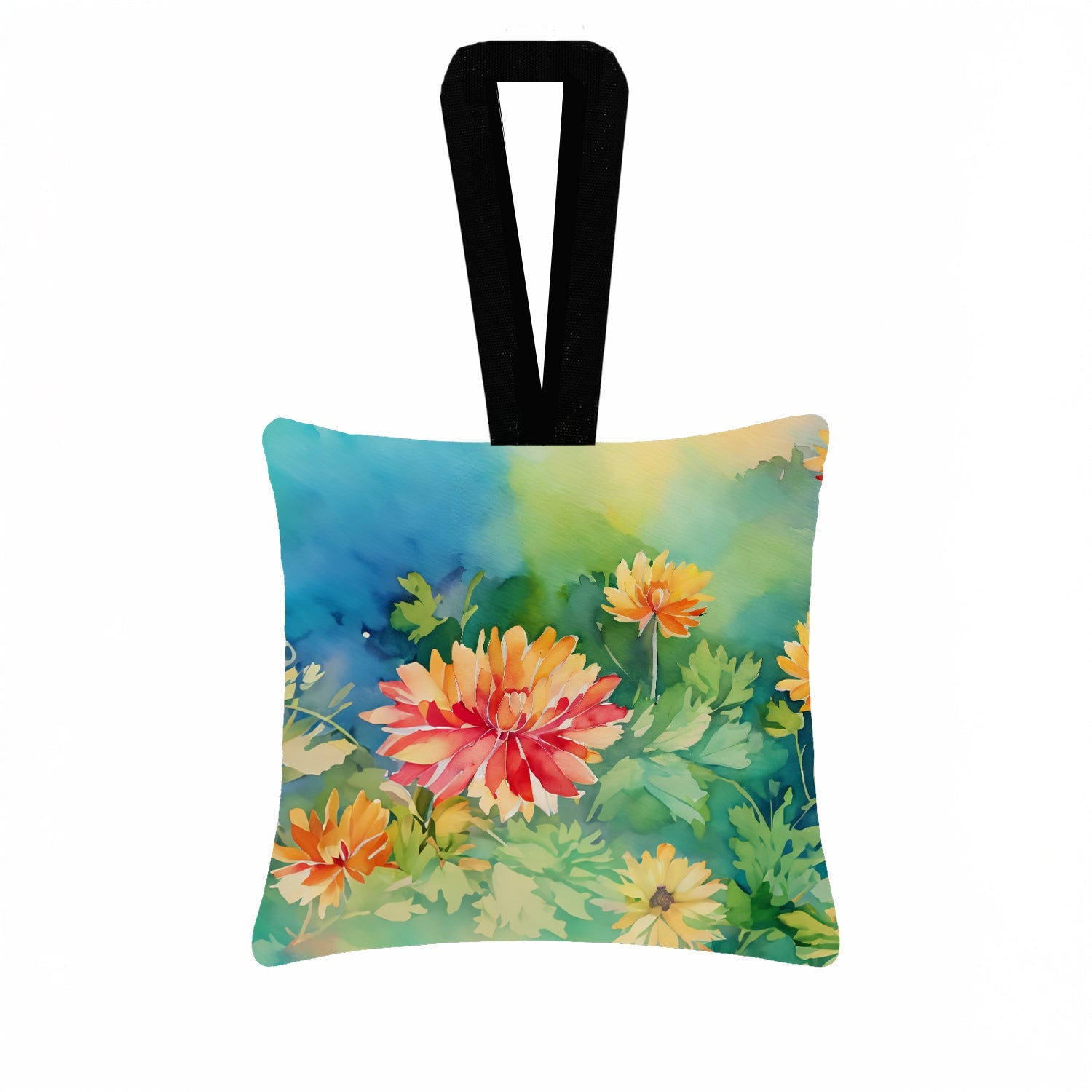 Chrysanthemums in Watercolor Hanging Square Fabric Ornament 3.5 × 3.5 Decorative Door-Knob & Tree Hanger, Soft Fabric