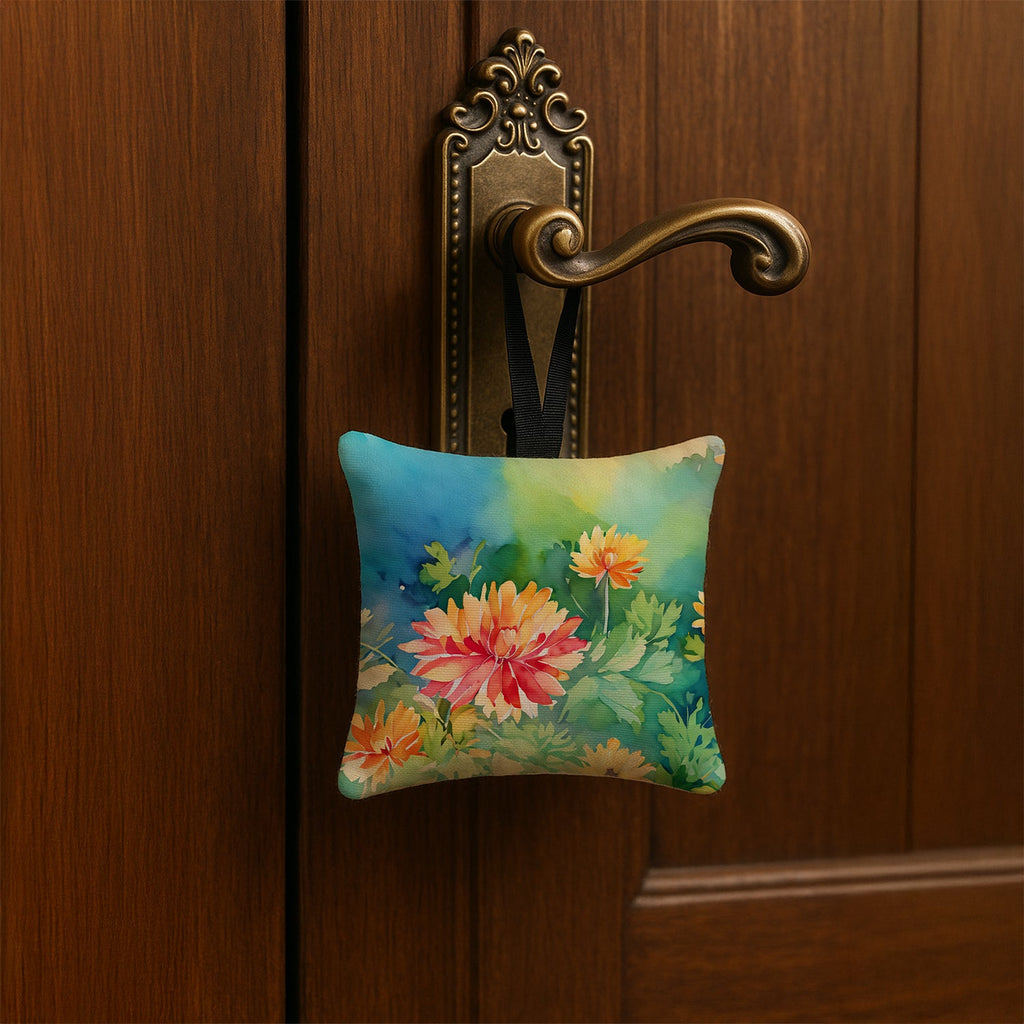 Chrysanthemums in Watercolor Hanging Square Fabric Ornament 3.5 × 3.5 Decorative Door-Knob & Tree Hanger, Soft Fabric