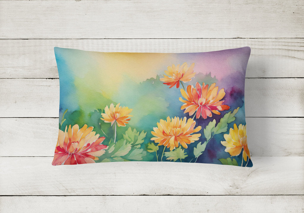 Chrysanthemums in Watercolor Decorative Throw Pillow 12x16 Indoor Outdoor Accent Cushion, Fabric Cover with Insert for Sofa, Bed, Porch & Living Room
