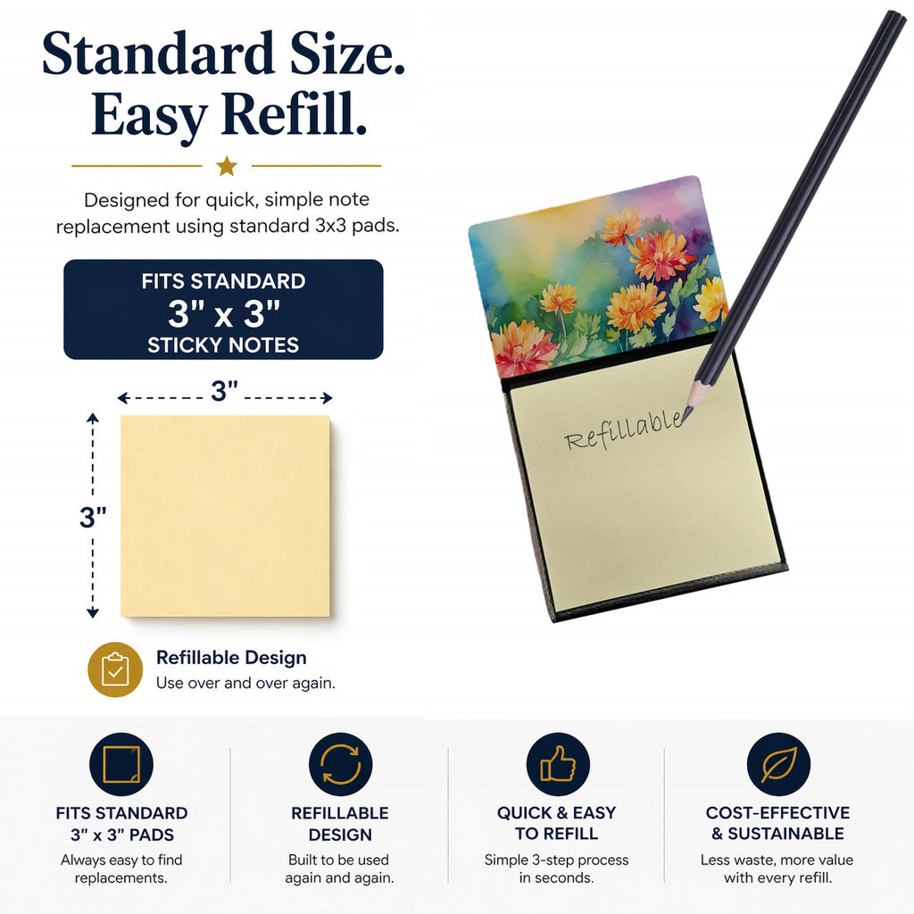 Chrysanthemums in Watercolor Watercolor Sticky Note Holder Refillable Dispenser Desk Accessory 3x3 Pad Gift