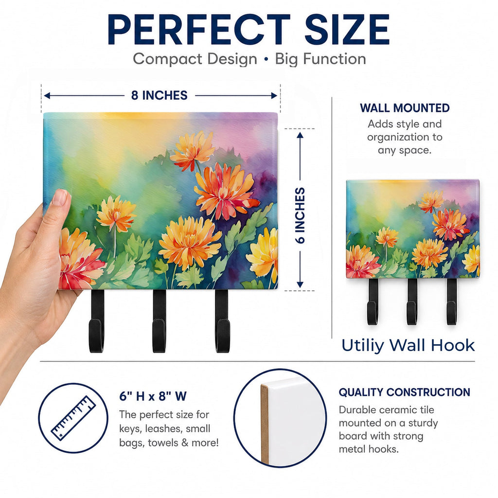 Chrysanthemums in Watercolor Leash or Key Holder Wall Hooks, Coat Rack Wall Mount, for Hanging Keys, Towels, Aprons, Leashes