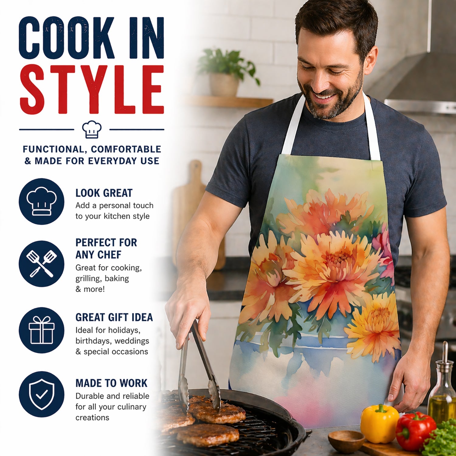 Chrysanthemums in Watercolor Apron Cooking Kitchen Server Baking Crafts Gardening for Adult Women Men, Unisex, Large, Multicolor
