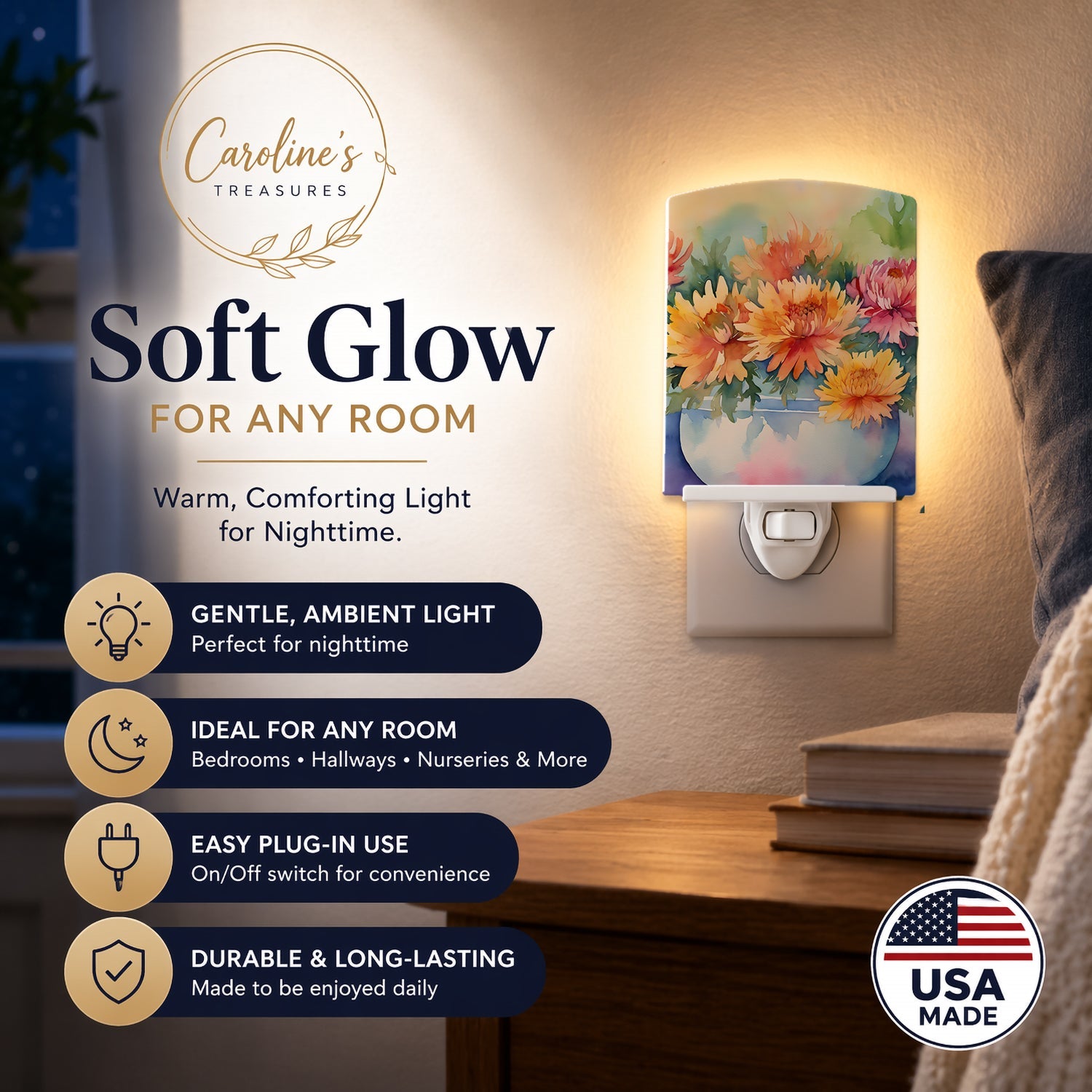 Chrysanthemums in Watercolor Ceramic Night Light Compact, UL-Certified, Ideal for Bedroom, Bathroom, Nursery, Hallway, Kitchen, 6x4x3, Multicolor